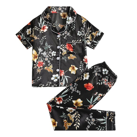 Fesfesfes 2 Piece Outfit Summer Big Kids Girls Casual Floral Short Sleeved Pants Two-piece Set For Girls' Home Wear 12-13 Years