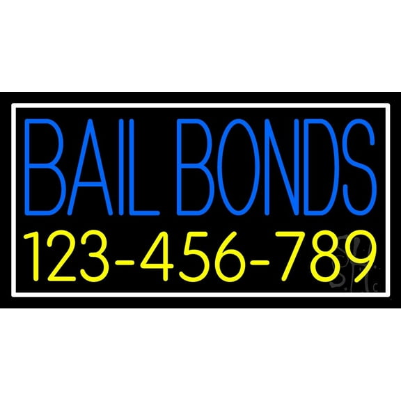 Blue Bail Bonds With Number LED Neon Sign 13 x 24 - inches, Black Square Cut Acrylic Backing, with Dimmer - Bright and Premium built indoor LED Neon Sign for Defence Force.