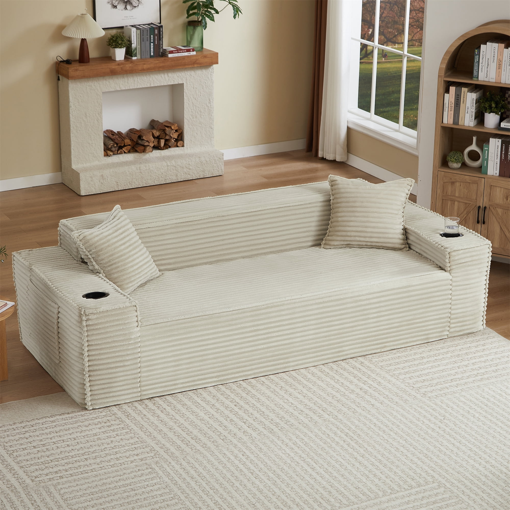 Aukfa 3 Piece Boneless Couch Set, 81" 3 Seat Cloud Sofa for Living Room, 2 Cup Holders&Storage Pocket, Corduroy, Camel