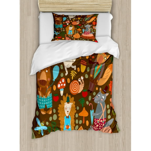 Hedgehog Twin Size Duvet Cover Set, Forest Fauna Habitants Fox Wolf Bear Raccoon Skunk Snail Butterflies and Mushrooms, Decorative 2 Piece Bedding Set with 1 Pillow Sham, Multicolor, by Ambesonne