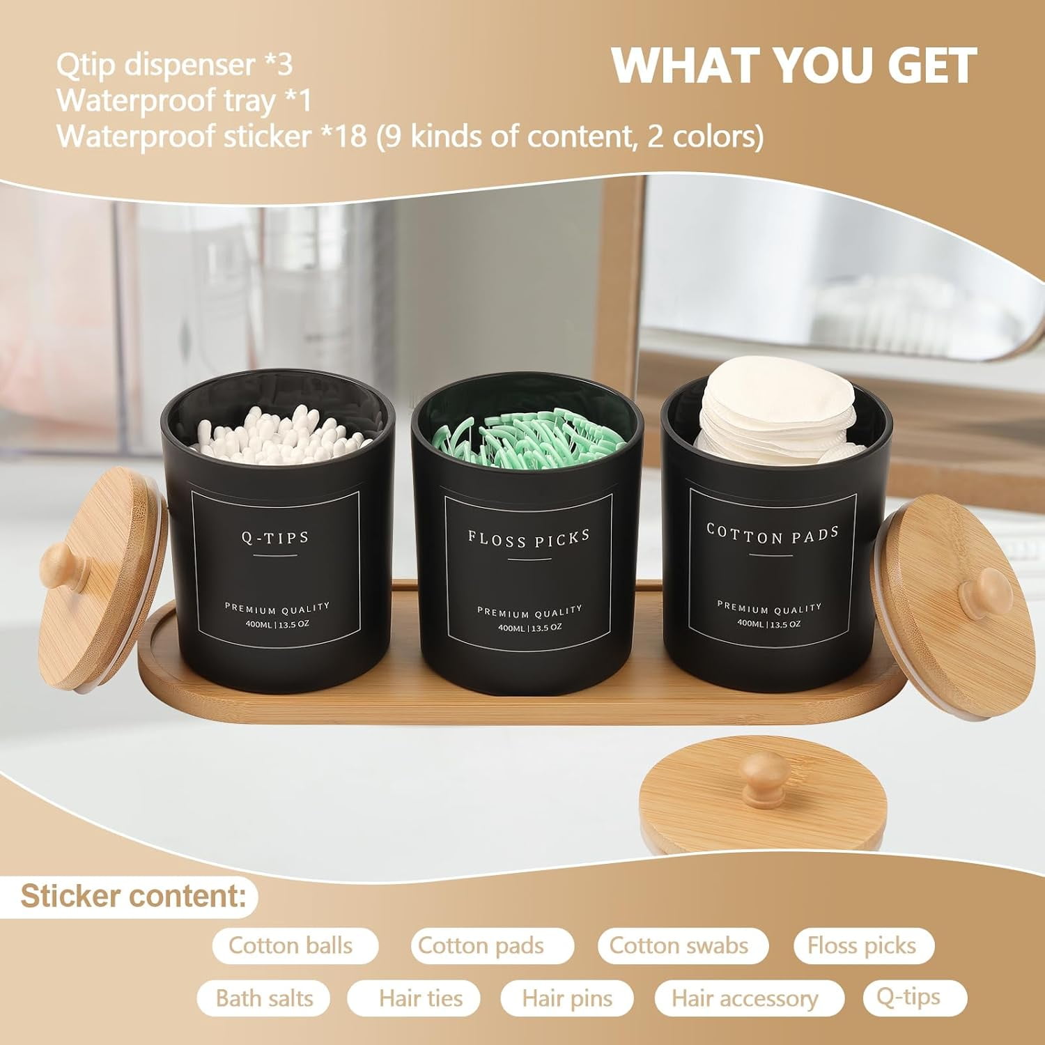 CozyNestFinds 3 Pack Qtip Holder - Bathroom Organizers and Storage, Cotton Round Pad Dispenser Floss Pick Holder with Tray, Glass Apothecary Jars with Lids, Cotton Ball Container - Black