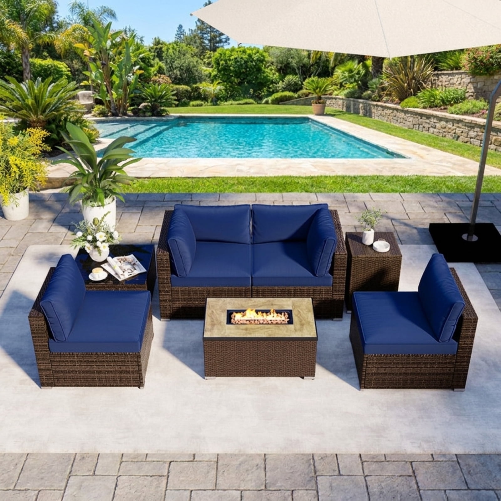 Biotree Patio Furniture Set 7 Piece Outdoor Sectional with 32 Inch Fire Pit Table and propane tank cover outdoor conversation set for garden backyard porch, Navy
