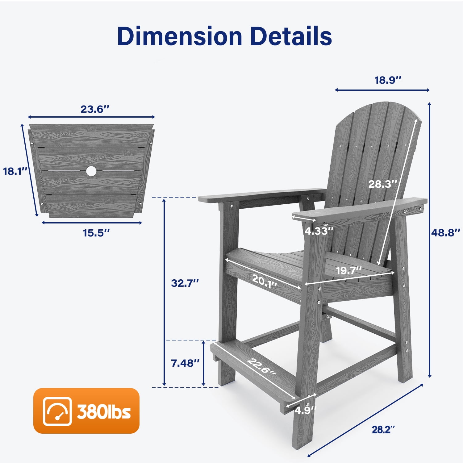 WINSOON Tall Adirondack Chair Set of 2 with Connecting Tray,Outdoor Bar Stools-Grey