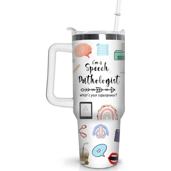 Insulated SLP Tumbler with Handle & Straw - Speech Therapist Travel Coffee Mug Cup, Leak-Proof Lid - Perfect Speech Language Pathology Gift for Women