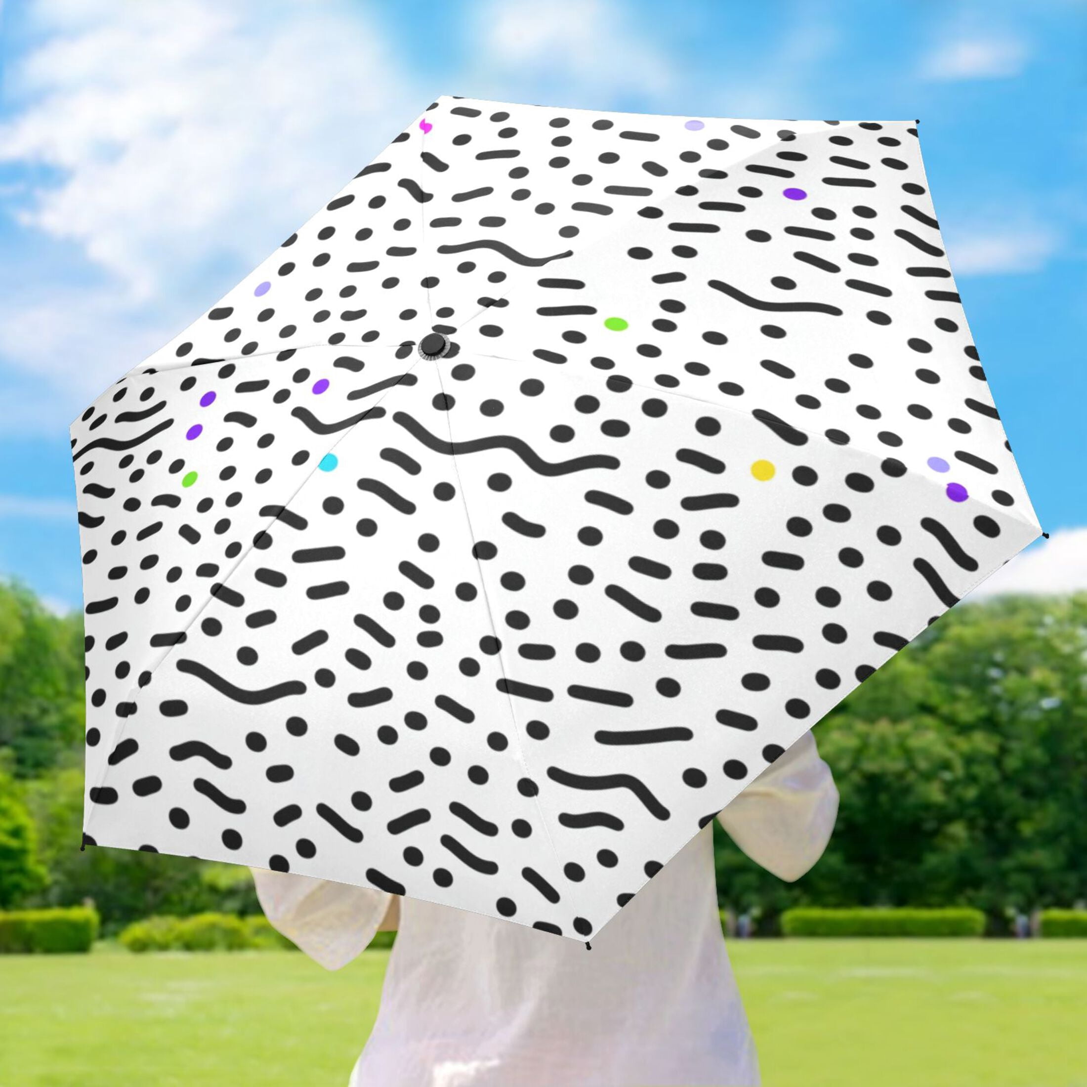 Black and Colorful Dotted Umbrellas for Sun Auto Open Close UV50+ Waterproof 5-Fold Compact Fiberglass Frame
