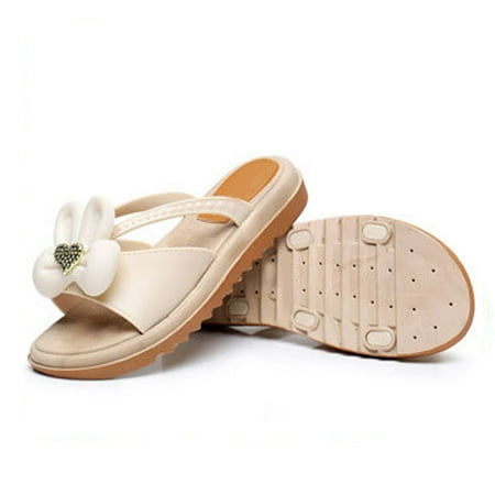 

Beige Size 37 Women Summer Slippers Slip On Casual Fashion Cute Rabbit Decor Sandals Thick Bottom for Beach Shopping Walk
