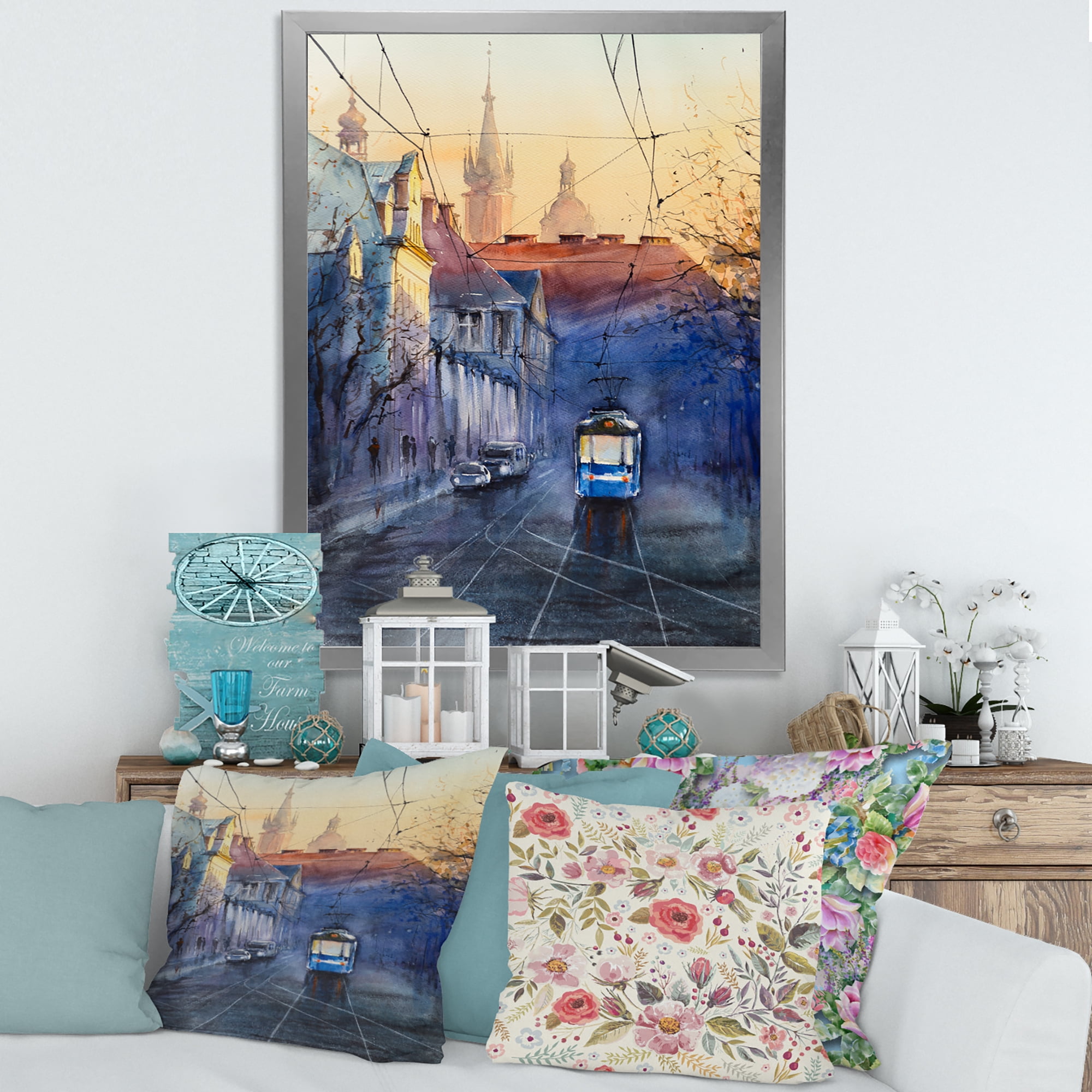 Blue Tram At Sunset With Church During Sunset Cityscape 30 in x 40 in Framed Painting Canvas Art Print, by Designart