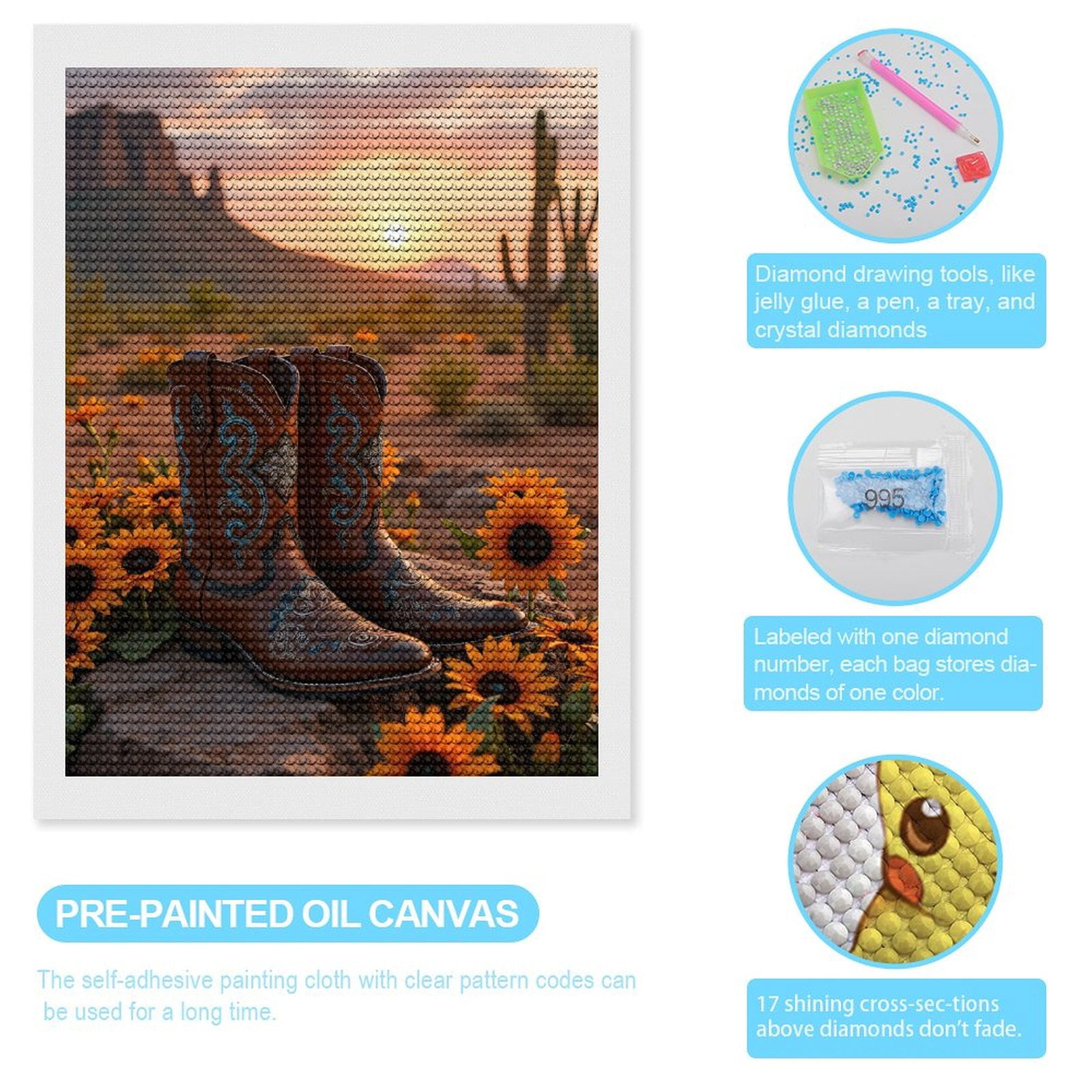 Diamond Art Kits for Adults, Cowboy Boots Sunflowers Desert Sunset 5D Diamond Painting Kits for Adults Beginners, DIY Full Drill Diamond Painting, Gem Art and Crafts 12x16