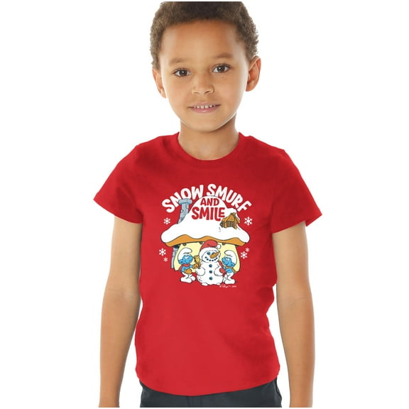 Smurfs Christmas Snow, Smurf And Smile Kids T Shirt (4) for Toddler Boys and Girls, Red