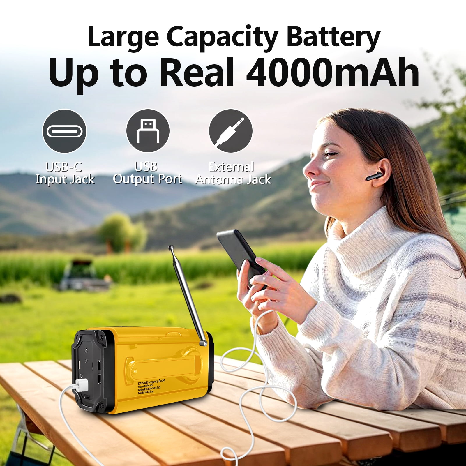 Kaito KA278 Emergency AM/FM NOAA Radio Solar Crank, Yellow