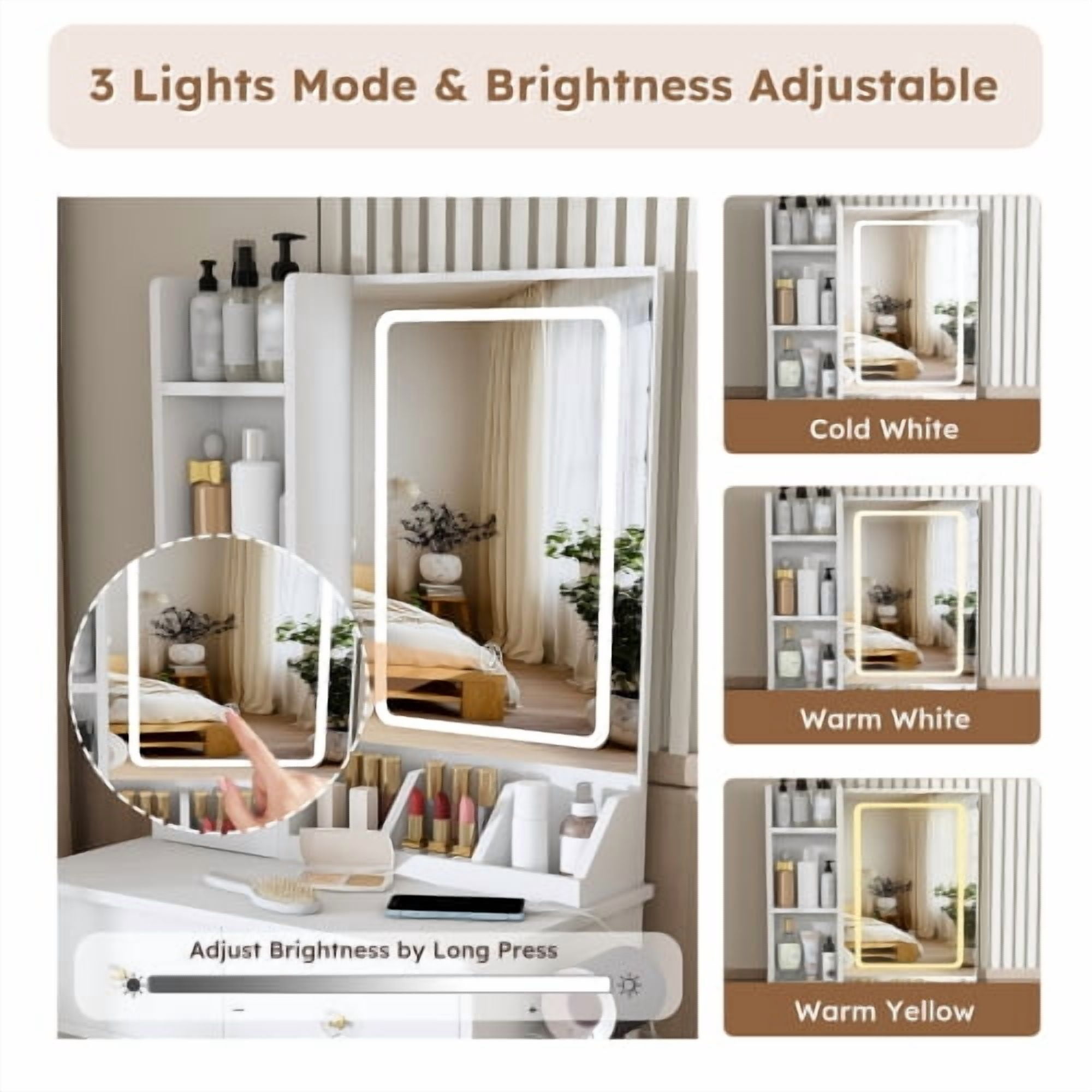 Modern Vanity Desk Set with LED Lighted Mirror, 3 Color Lighting Modes Adjustable Brightness, Built-in Power Outlet & Hair Dryer Holder, Drawers & Open Storage Shelves, Dressing Chair, White
