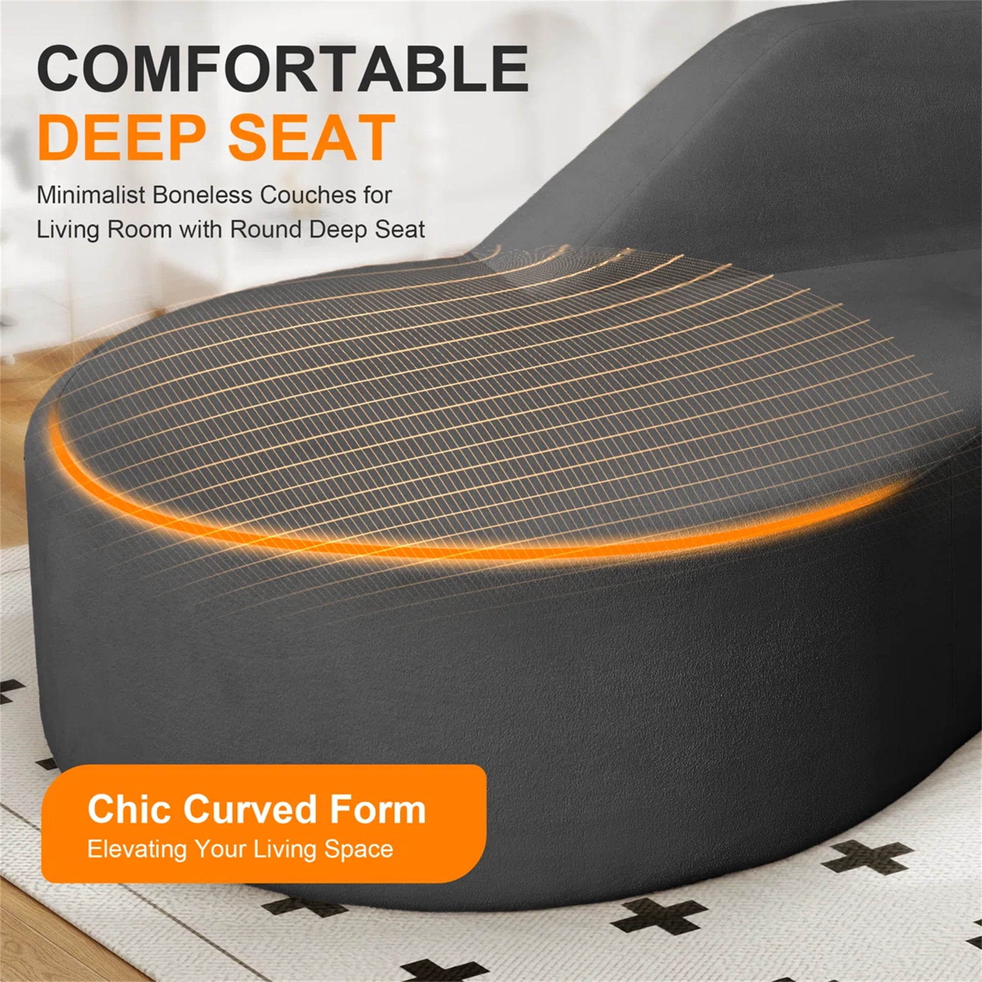 Aukfa 91" Comfy Cloud Sofa 3 Seat Boneless Couch for Living Room, Curved Design, No Assembly, Chenille, Gray