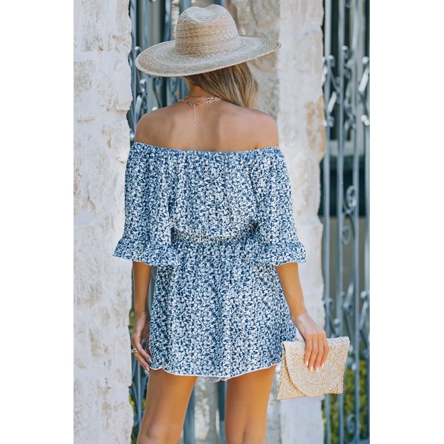 ABPHQTO Mameluco floral azul con hombros descubiertos y mangas acampanadas para mujer
