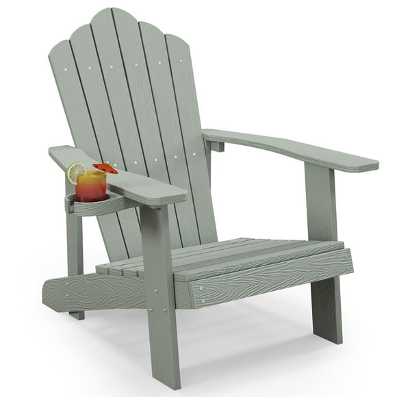 Gymax Patio HIPS Outdoor Weather Resistant Slatted Chair Adirondack Chair w/ Cup Holder Light Grey