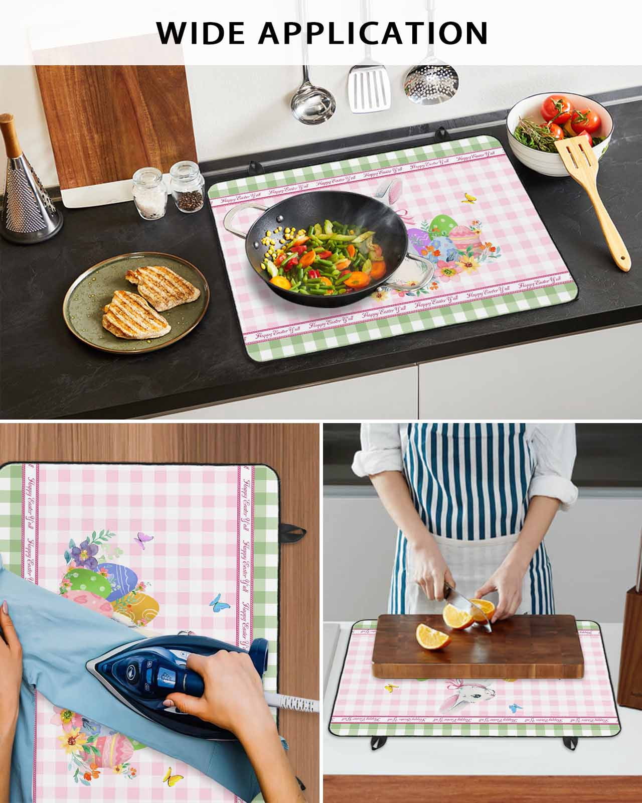 Large Induction Cooktop Protector Mat Easter Stove Top Covers for Electric Stove, Spring Watercolor Easter Eggs Bunny Pink Green Plaid Decorative Stove Burner Cover Mats, Glass Top Stove Cover