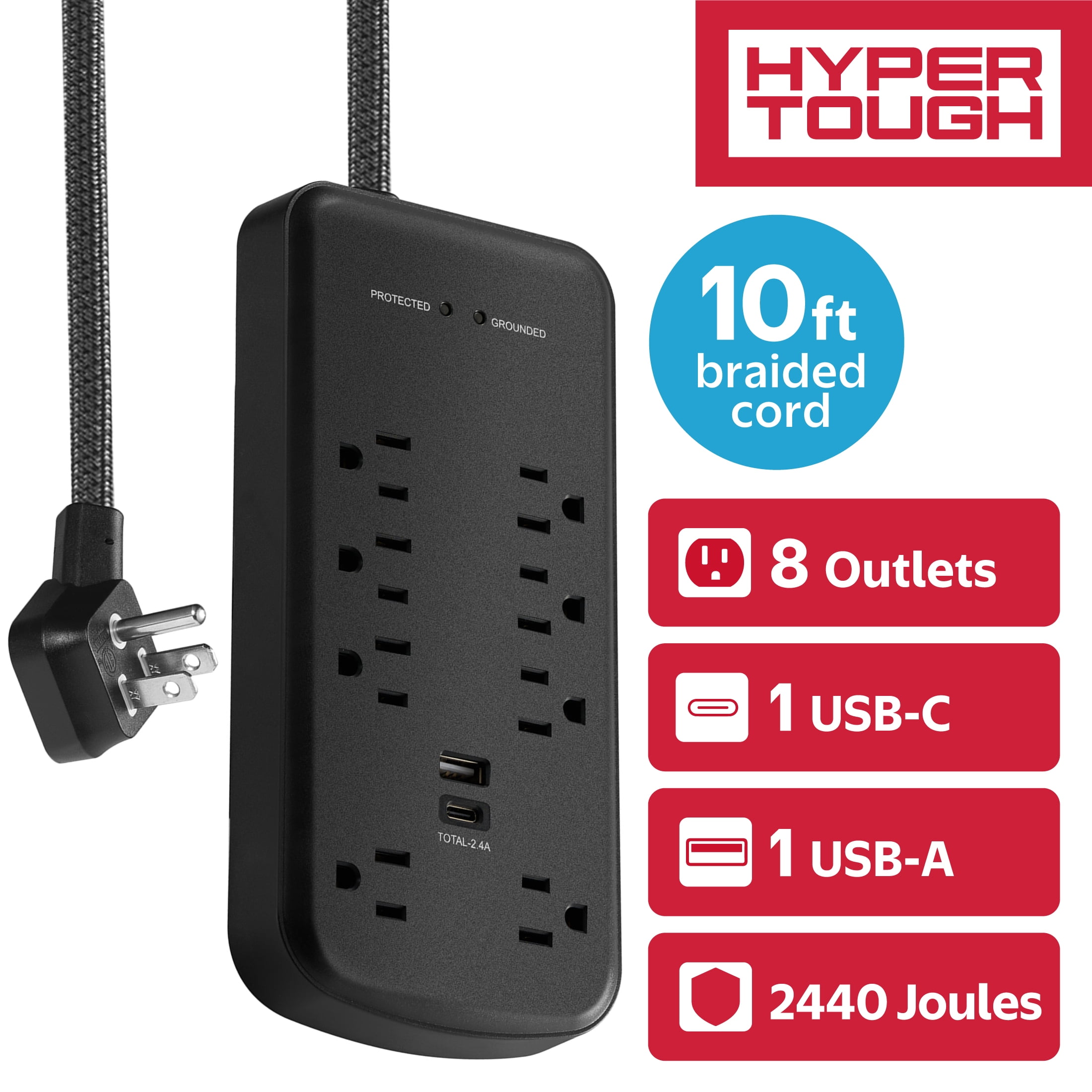 (2 pack) Hyper Tough Surge Protector Power Strip with USB-A, USB-C, 8 Outlets, 10ft Extension Cord, Black