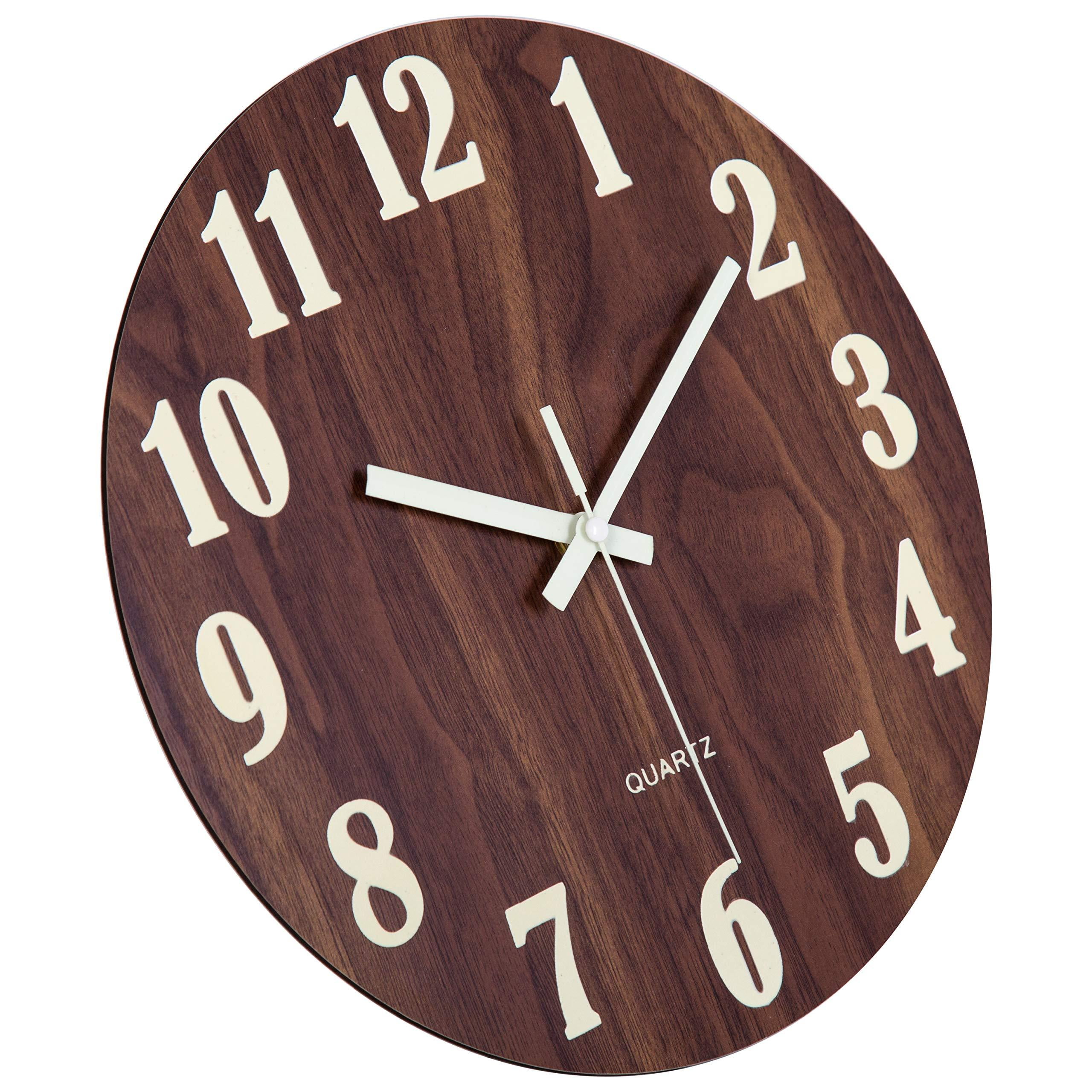 12 Inch Wooden Wall Clock,Vintage Round Home Decorative Wall Clock,Silent & Non-Ticking Big Numbers Easy to Read,Battery Powered,Kitchen/Living Room/Bedroom/Office/Classroom Rustic Clock 