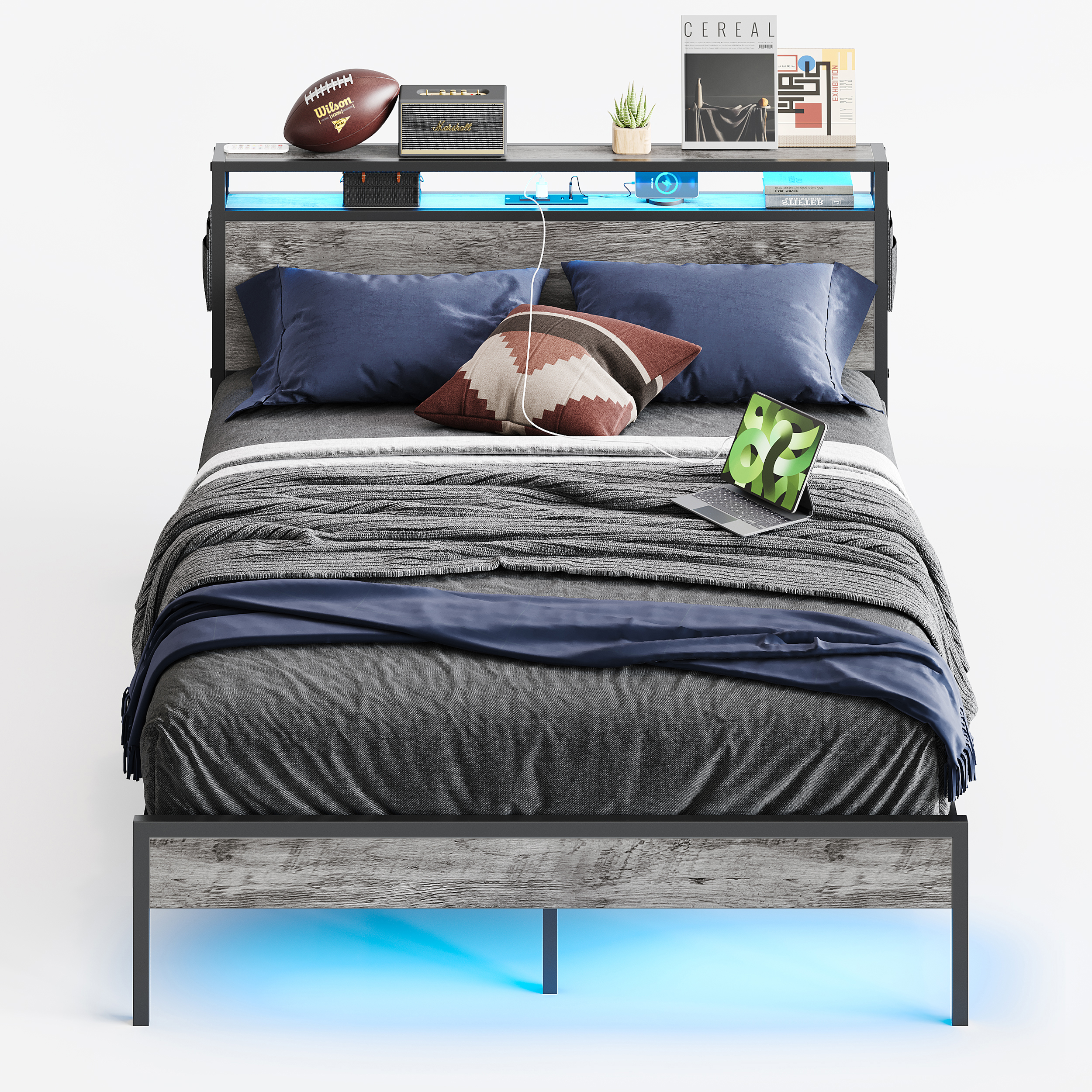 Bestier Queen Size Platform Bed Frame with Led Storage Headboard Charging Station and Bedside Caddy, Grey