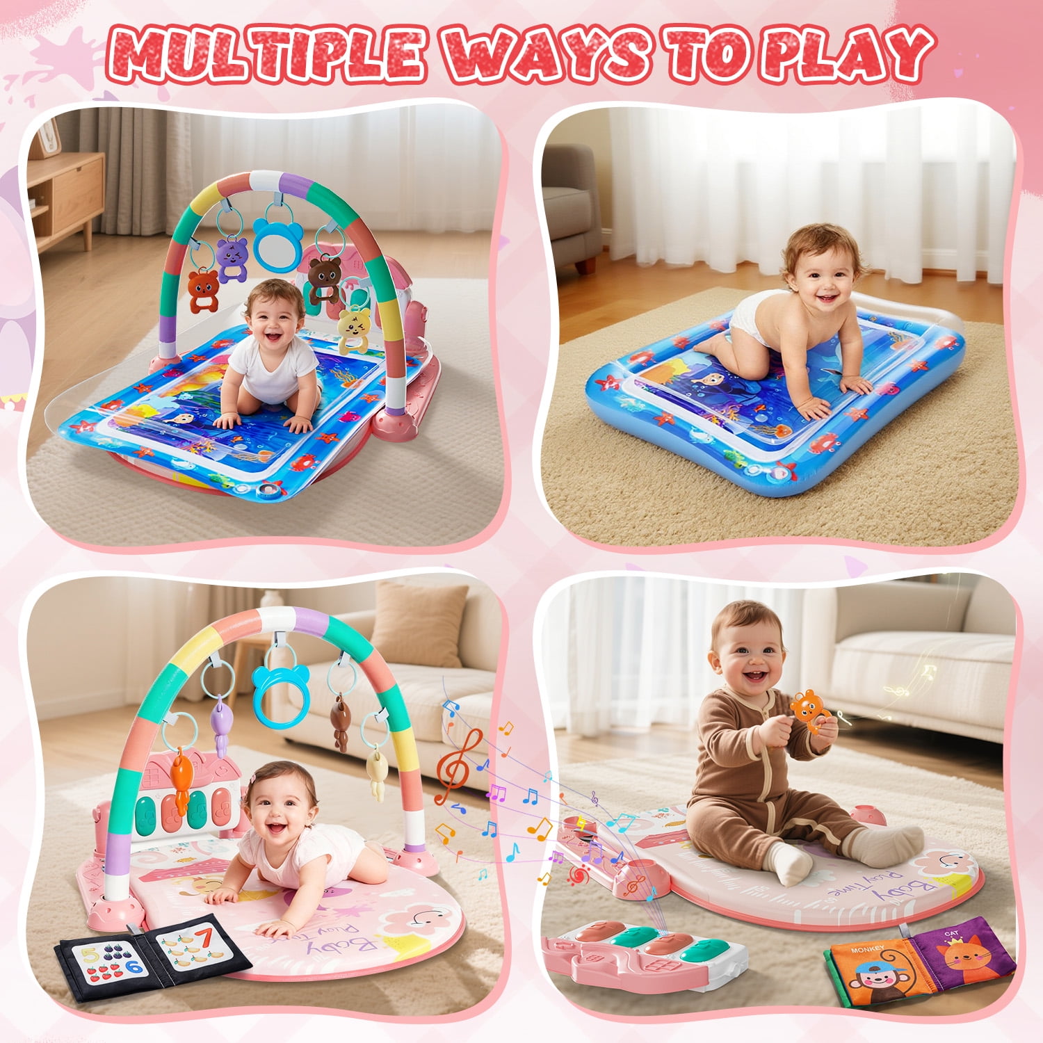 WonderStone 2-in-1 Baby Gym Playmat, Tummy Time Water Mat with 2 Cloth Books and 5 Infant Sensory Baby Toys & Play Piano, Newborn Baby Gift for Boys & Girls 0–24 Months (Pink)