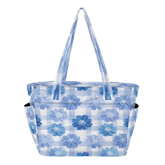 Quilted Tote Bag Large Capacity Multi-Compartment Handbag Lightweight Structured Shoulder Bag Versatile Casual Bag Beautiful Blue Gardenias
