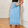 thumbnail image 5 of Women'S Casual High Waist Denim Mid Skirt Slit Button Up Jean Skirts with Pockets Light Blue M, 5 of 7