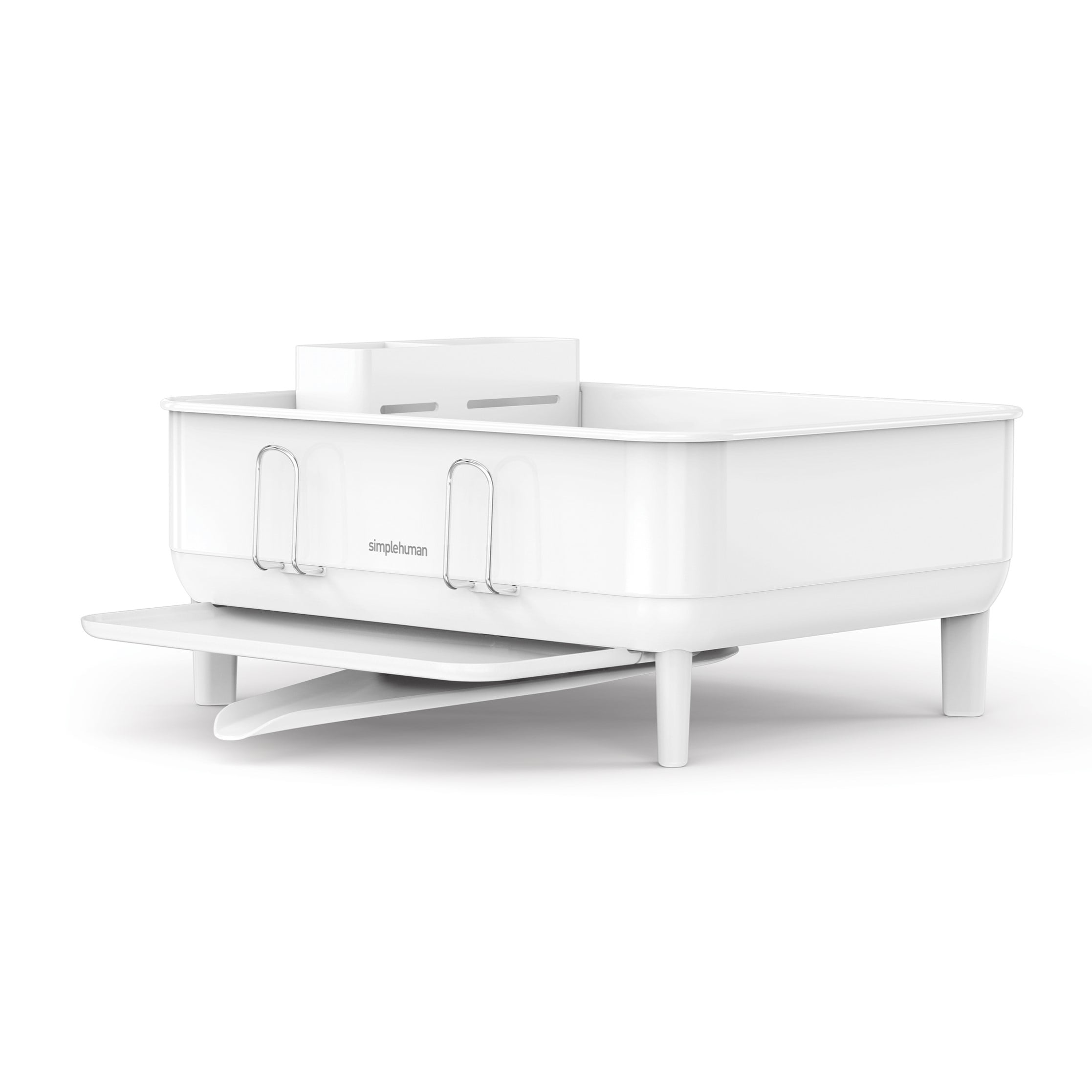 simplehuman Compact Kitchen Dish Drying Rack with Swivel Spout, Fingerprint-Proof Stainless Steel Frame, White