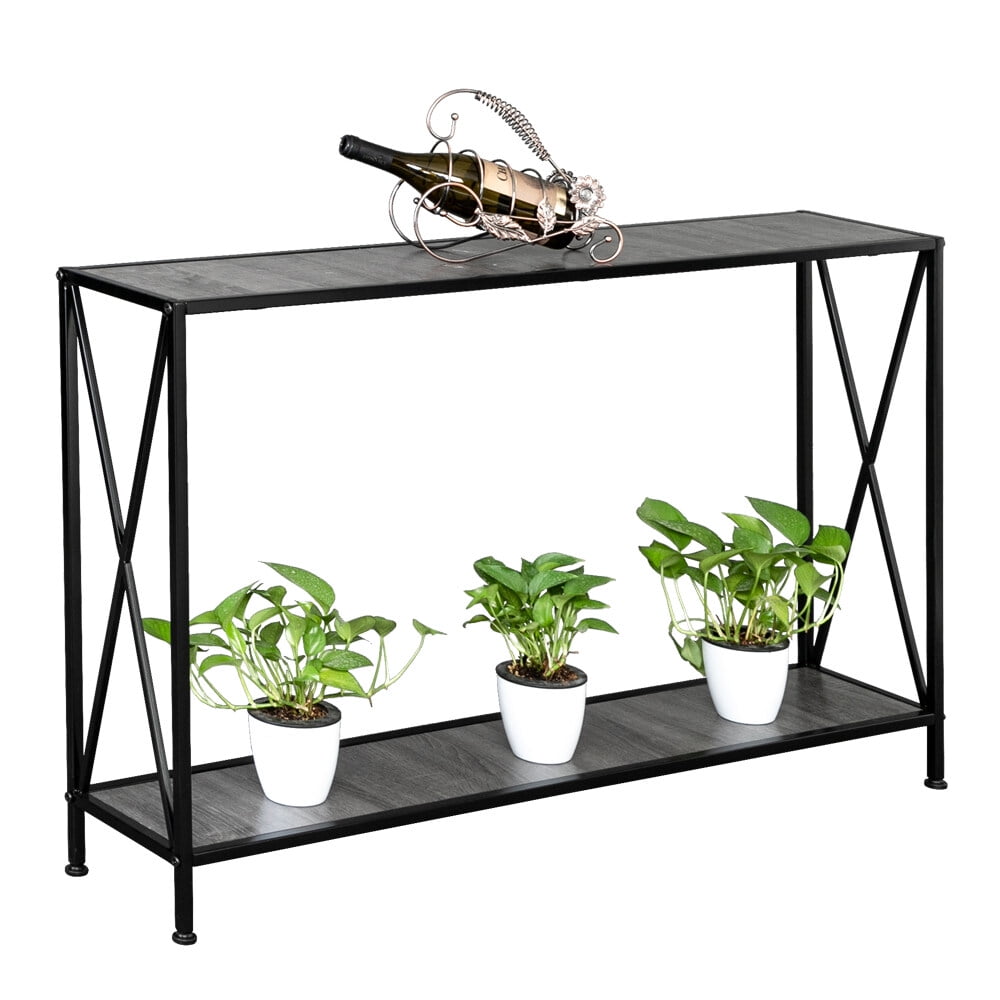 2 Layers Forked Console Table MDF Countertop Black Wrought Iron Base