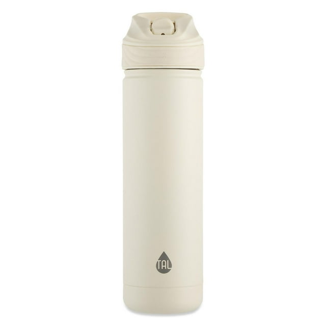TAL 26oz Ranger insulated water bottle in oat color featuring a flip-top lid for easy drinking and TAL logo at the bottom.