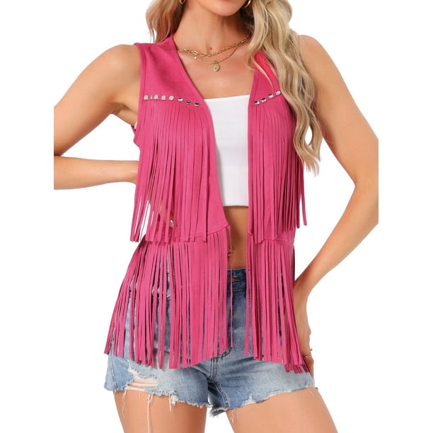INSPIRAR CHIC Chaleco de Mujer con Flecos, Abierto, Estilo Occidental, Vintage, de Ante Sintético, con Borlas, Rosa Fucsia, XS