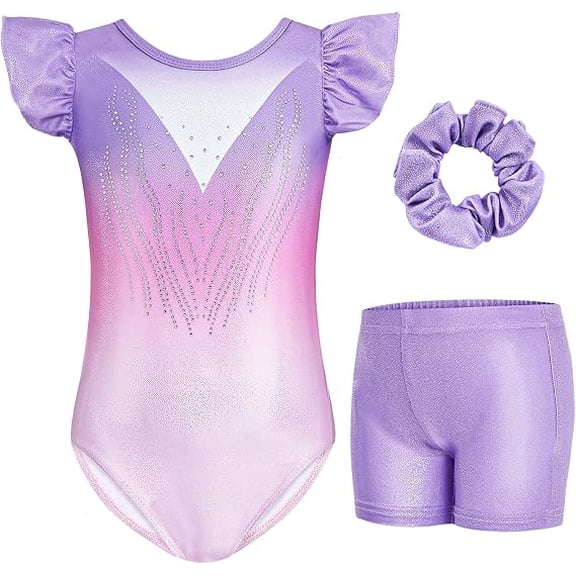 Girls Gymnastics Leotard with Shorts & Hair Tie, Shiny Ruffle