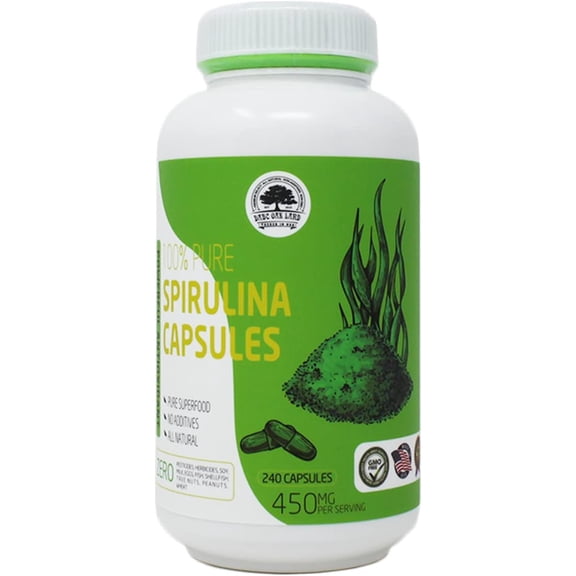 Spirulina Capsules 240 Capsules, Health Food, 100% Vegetarian,Pure Hawaiian Spirulina 450 mg, Supports Immune System, Heart One Bottles