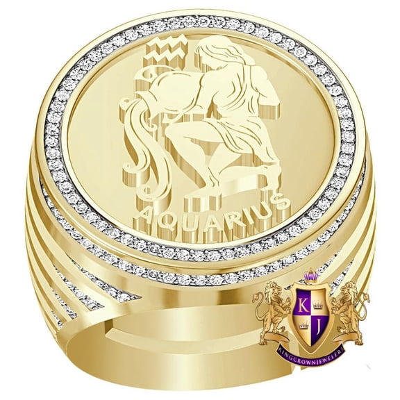 Real Genuine Diamond 1.00 Cwt. Zodiac Sign Aquarius Astrology Band 10k Gold On Men's Ring