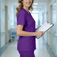 thumbnail image 6 of Yxbdin Scrub Tops for Women Classic Short Sleeve Nursing Uniform V Neck Soft Working Uniform Holiday Scrubs with Pockets Purple M, 6 of 9