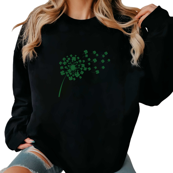 St Patricks Day Clover Dandelion Print Sweatshirt Graphic Sweatshirt Shirts Oversized Casual Fit Daily Holiday Wear Black S-3XL Tops