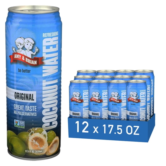 Amy & Brian Pure Coconut Water Original, 17.5 fl oz (Pack of 12 cans) | Non-GMO & No Added Sugar