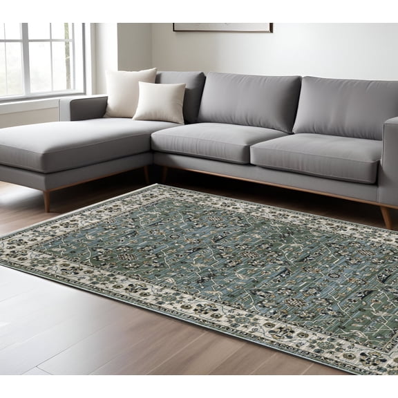 10' X 13' Blue And Green Floral Area Rug With Fringe