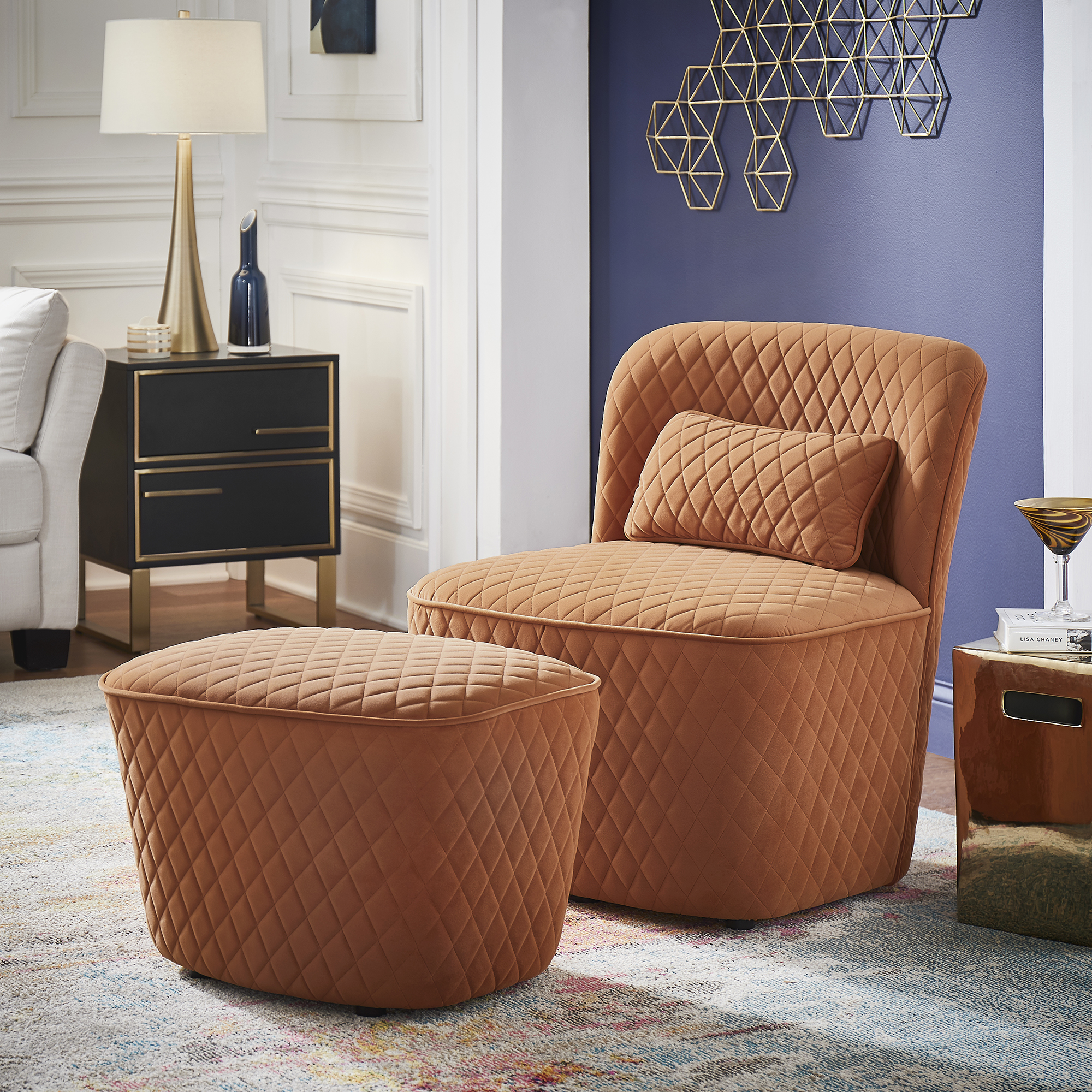 Weston Home Milner Quilted Diamond Fabric Accent Chair with Ottoman, Orange