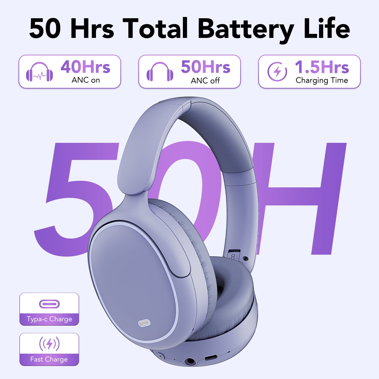 Hybrid Active Noise Cancelling -45dB, Bluetooth Headphones 5.4, 50H Playtime Earbuds, Clear Call with 4 Mics, Bass Boosted by 90%, Comfort Fit Over Ear Headphones for Travel Home Office PC Purple