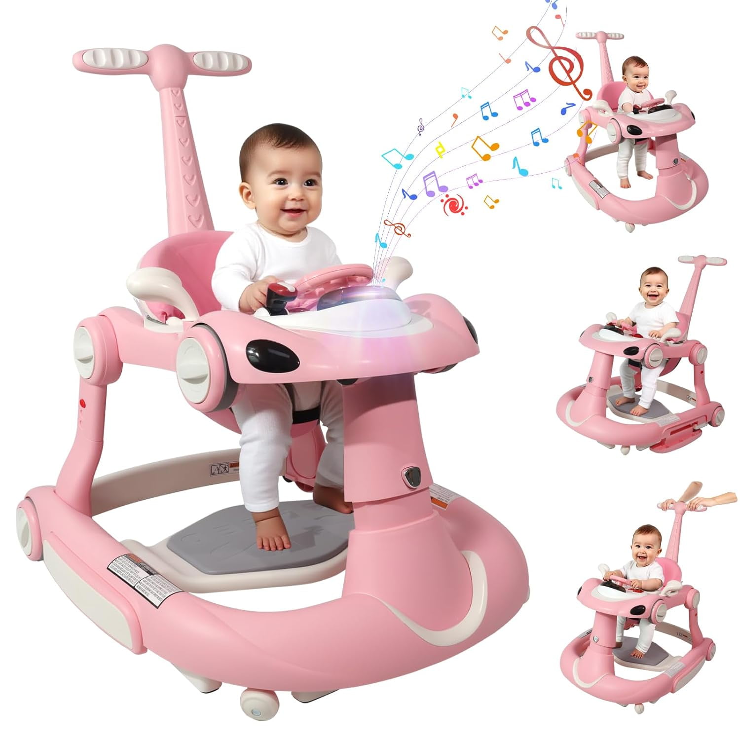 5 in 1 Baby Walker for Boys Girls,Foldable,Music,Light,Jumper,Rocking,Push,Height Adjustable Training Activity for Babies Infant 6-18 Months,Pink