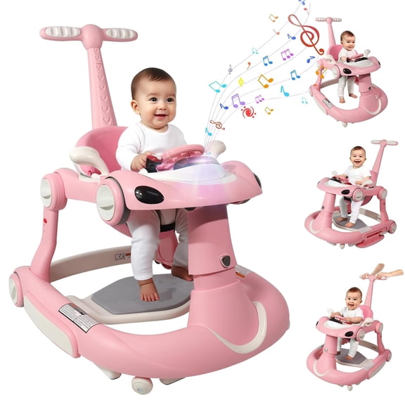 5 in 1 Baby Walker for Boys Girls,Foldable,Music,Light,Jumper,Rocking,Push,Height Adjustable Training Activity for Babies Infant 6-18 Months,Pink
