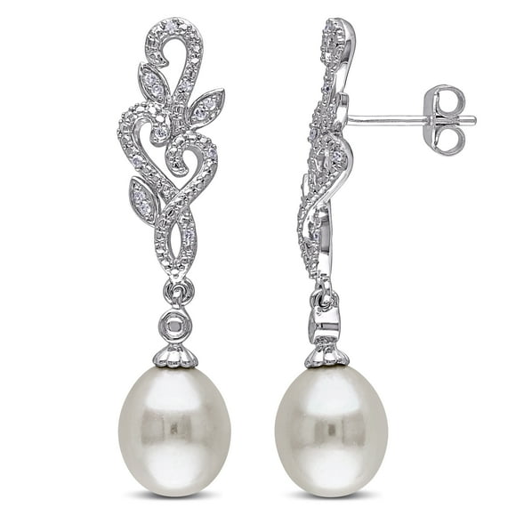 Miabella 8.5-9mm White Rice Cultured Freshwater Pearl and Diamond-Accent Sterling Silver Dangle Earrings