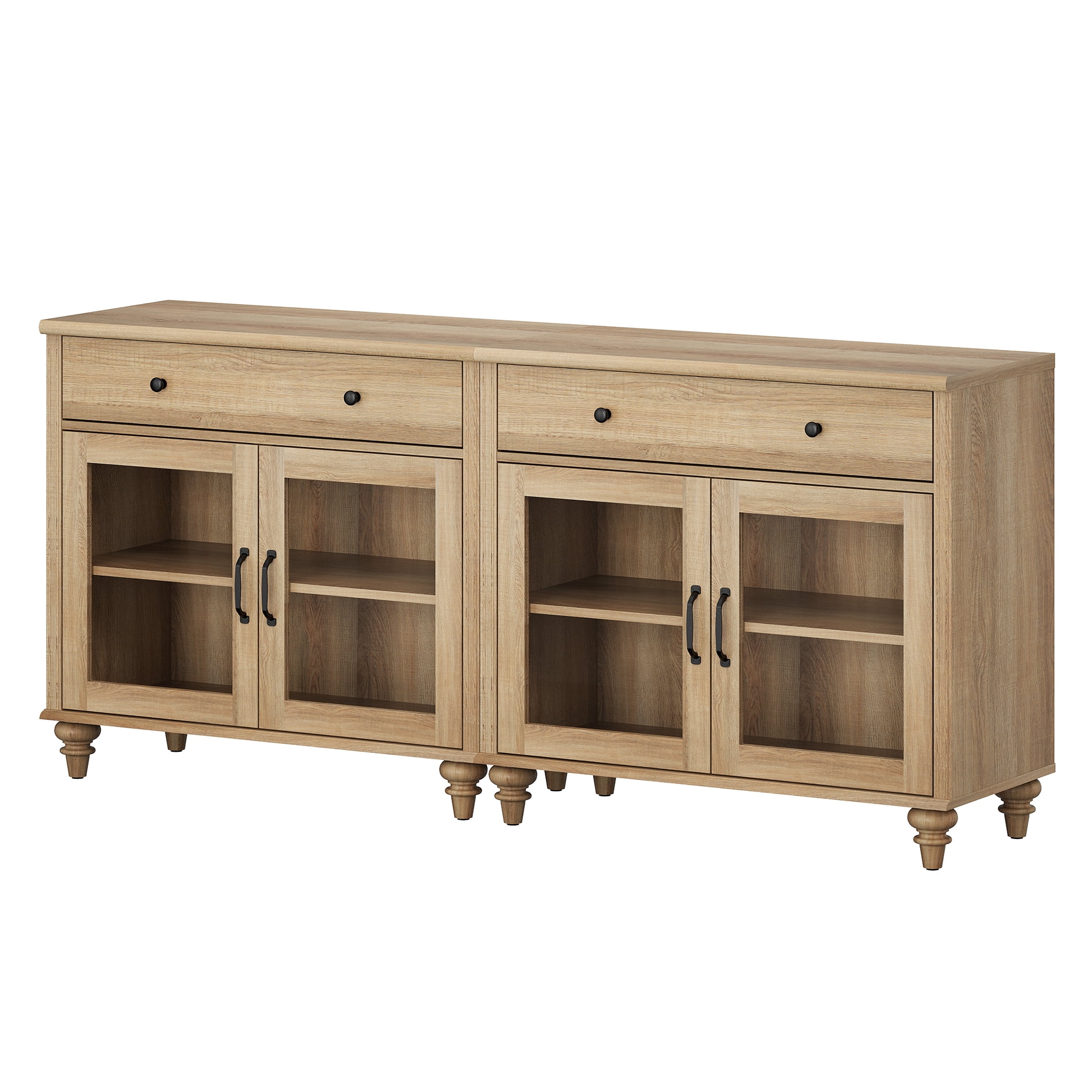 68" Oak Glass Door Buffet Cabinet with Drawer, Farmhouse Sideboard with Storage