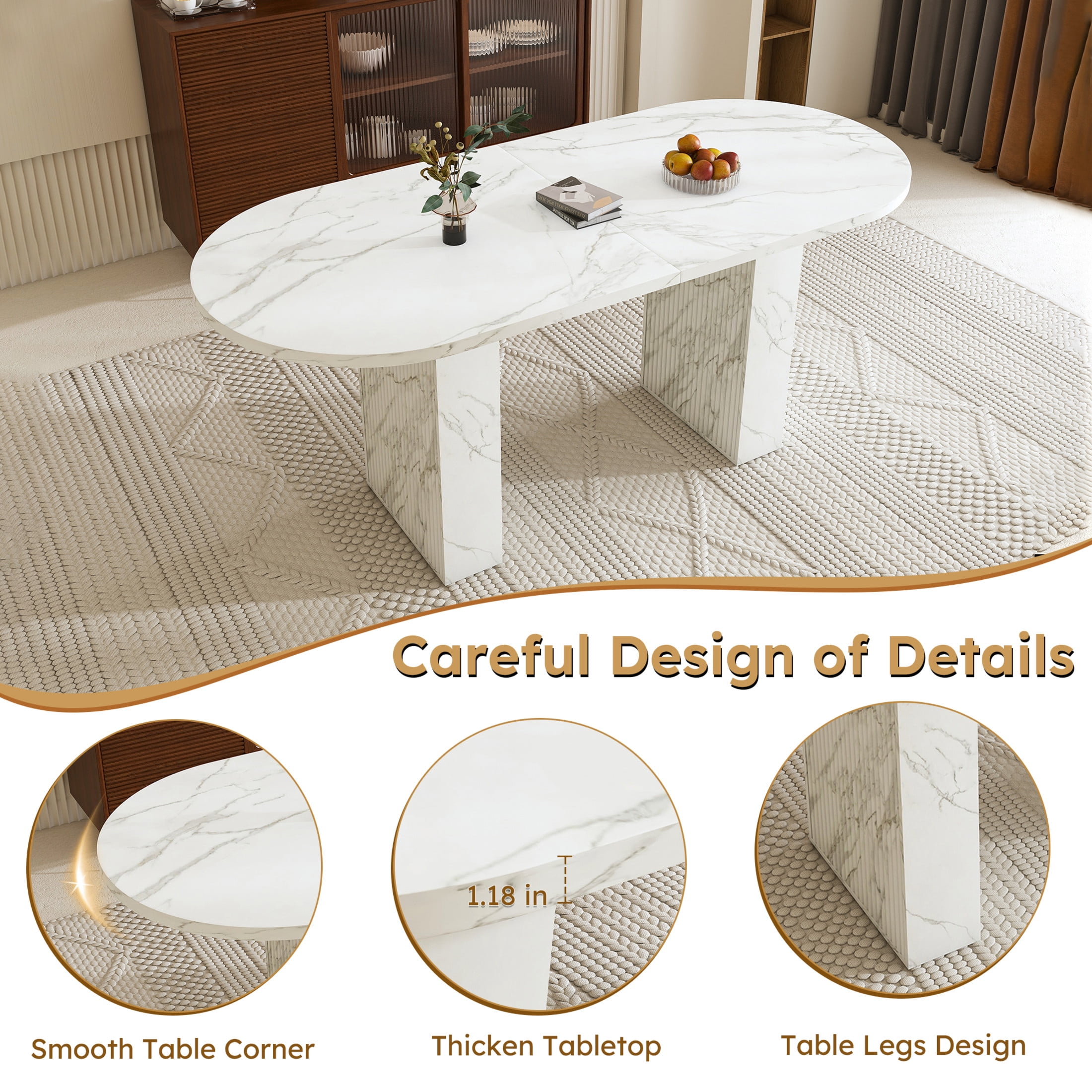 Noble House 63" Oval Dining Table for 6, Marble Top with Wood Strip Base, Modern Farmhouse Kitchen Table, White
