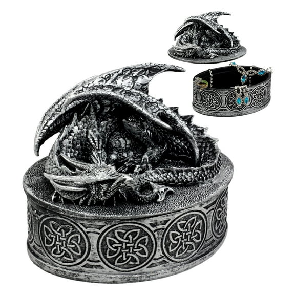 Ebros Gift Oval Celtic Knotwork Mythical Sleeping Dragon Decorative Box Trinket Jewelry Box Figurine 4.75"H