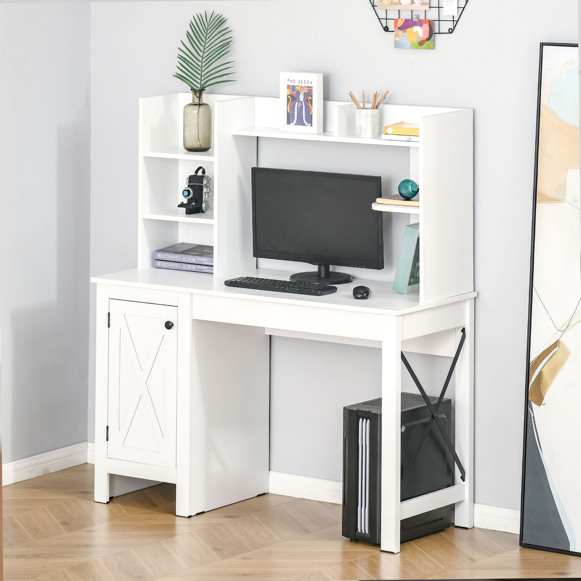 Homcom Farmhouse Computer Desk with Hutch and Cabinet, Home Office Desk with Storage, White - image 2 of 9