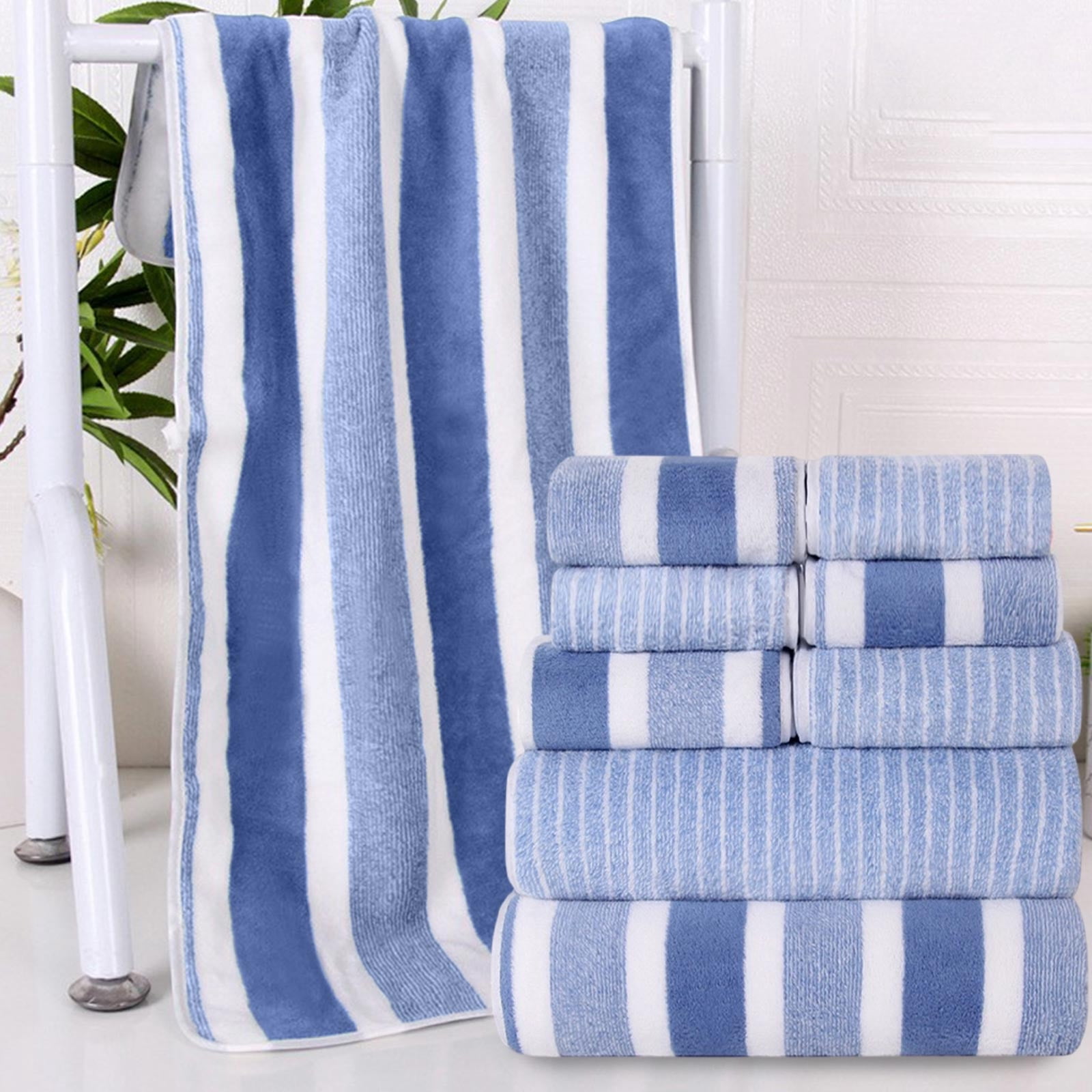 Ultra Soft Bath Towel Set 8-Piece, Velvet Wide Stripe Towel Washcloth Bath Towel, Microfiber Absorbent Quick Dry Towels for Bathroom, Spa, Gym, Pool Shower Beach (Blue)
