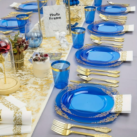 50-Pc Blue & Gold Plastic Tableware Set - Heavy-Duty Plates & Utensils - 10.25” Dinner & 7.5” Dessert Plates - Party Essentials