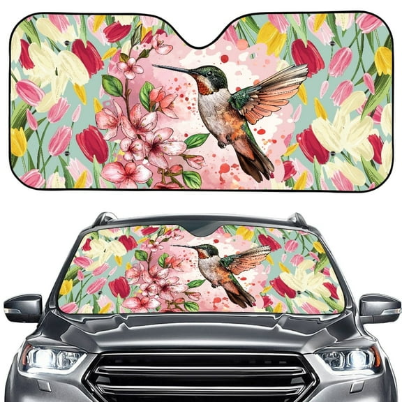FORUDESIGNS Hummingbird Tulip Pattern Car Windshield Sun Shade Thickened Windshield Dash Protector, Vehicle Dashboard Shield Car Interior Sun Protection (57.1 x 27.4 inch)