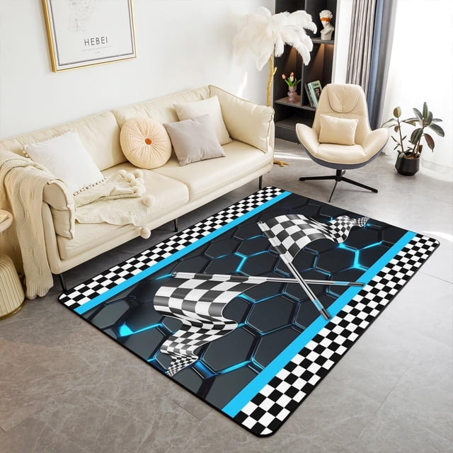 Erosebridal 5x7 Non Slip Rug for Boys,Teal Neon Lights Honeycomb Area Rug,Black White Racing Car Flag Non Slip Rug,Geometric Hexagon Beehive Plaid Grid Indoor Floor Mat Extreme Sports Theme
