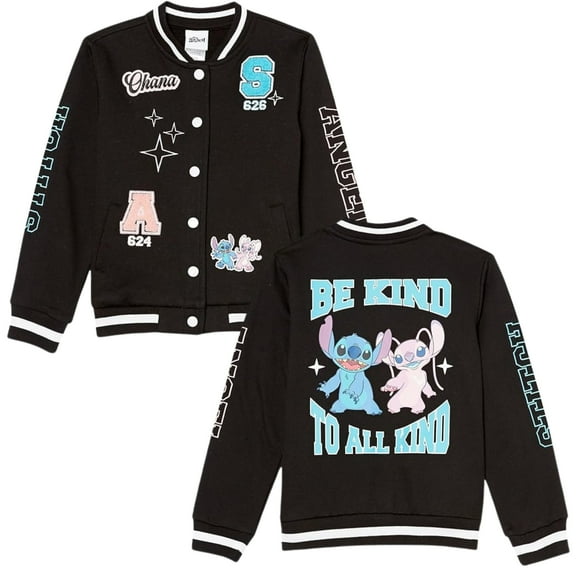 Disney Girls' Lilo & Stitch & Angel Fleece Button Up Varsity Bomber Jacket Toddler to Big Kid, Black